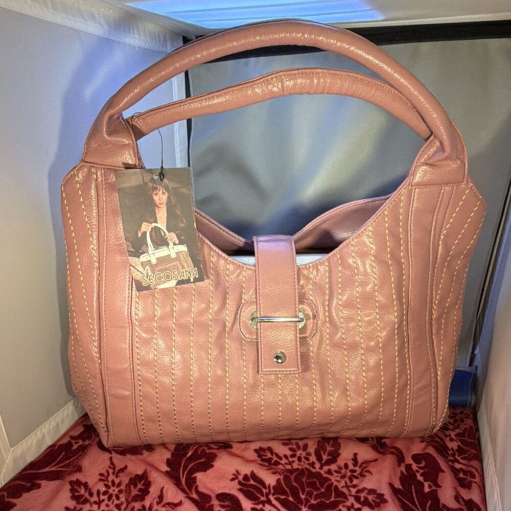 Secosana Women's Pink Shoulder Bag with Stitching Accents and Double Handles